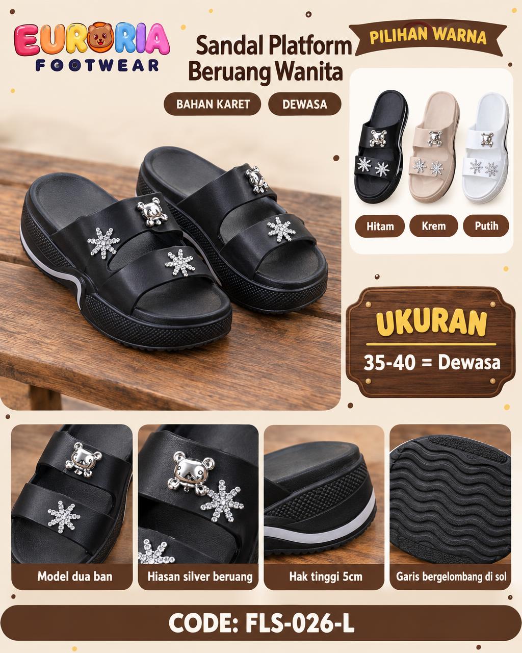 Sandal Wanita Dewasa Trendy Hak Tinggi 5cm Hiasan Beruang dan Pin Bunga