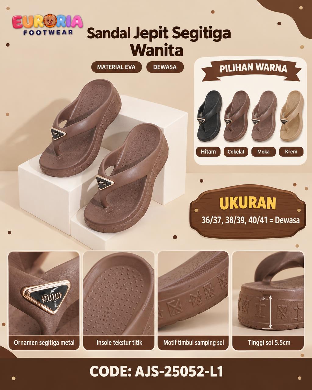 Sandal Wanita Dewasa Sol Tinggi Platform 5.5cm dengan Ornamen Logo Segitiga