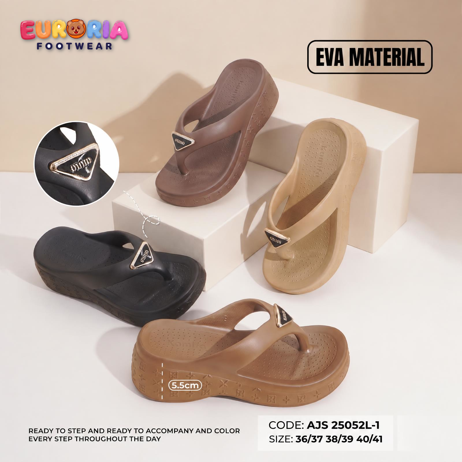Sandal Wanita Dewasa Sol Tinggi Platform 5.5cm dengan Ornamen Logo Segitiga