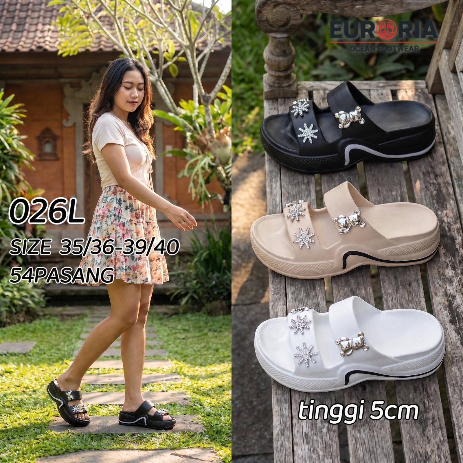 Sandal Wanita Dewasa Trendy Hak Tinggi 5cm Hiasan Beruang dan Pin Bunga